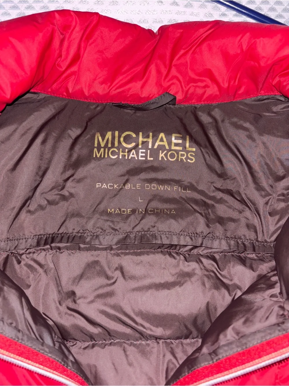 Michael Kors Red Quilted Puffer Jacket with Gold Hardware Accents